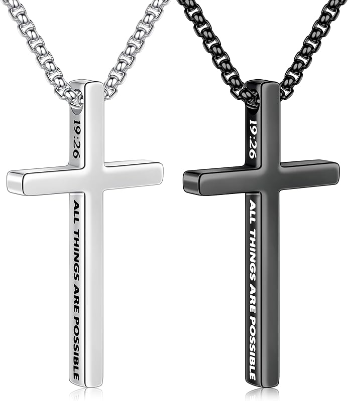 Ursteel 2 Pcs Inspirational Bible Verse Cross Necklace Men Stainless Steel