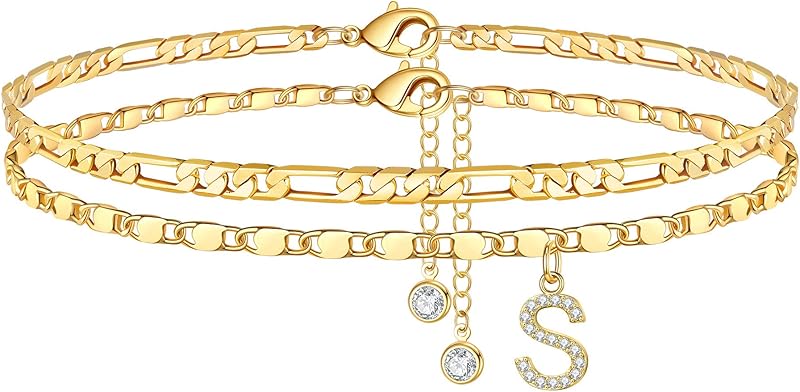Ursteel Ankle Bracelets Women 14K Gold Plated CZ Initial Anklets Set