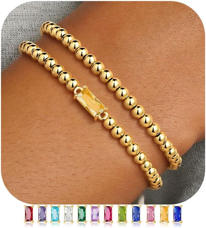 Ursteel Dainty Birthstone Bracelet Women Elastic 14K Gold Plated