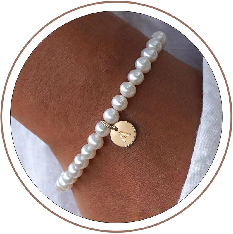 Ursteel Pearl Initial Bracelet Women Dainty 14K Gold Plated